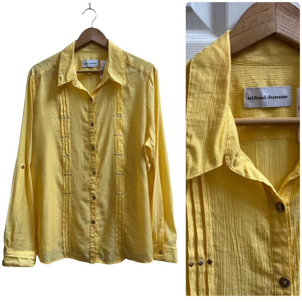 Alfred Dunner Gauzy Stud Embellished Roll Tab Sleeves Button Top Size 18